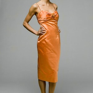 Deep persimmon orange silk cocktail dress, fitted dress with staps, silk duchess satin dress, persimmon color satin dress, size 10 dress