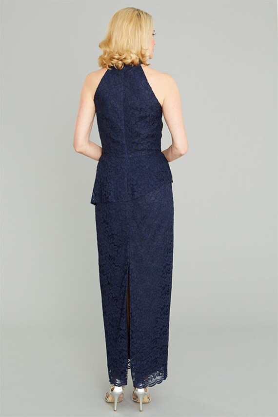 knee length dresses for ladies All The Right Reasons Navy Satin Lace Trim Maxi Dress