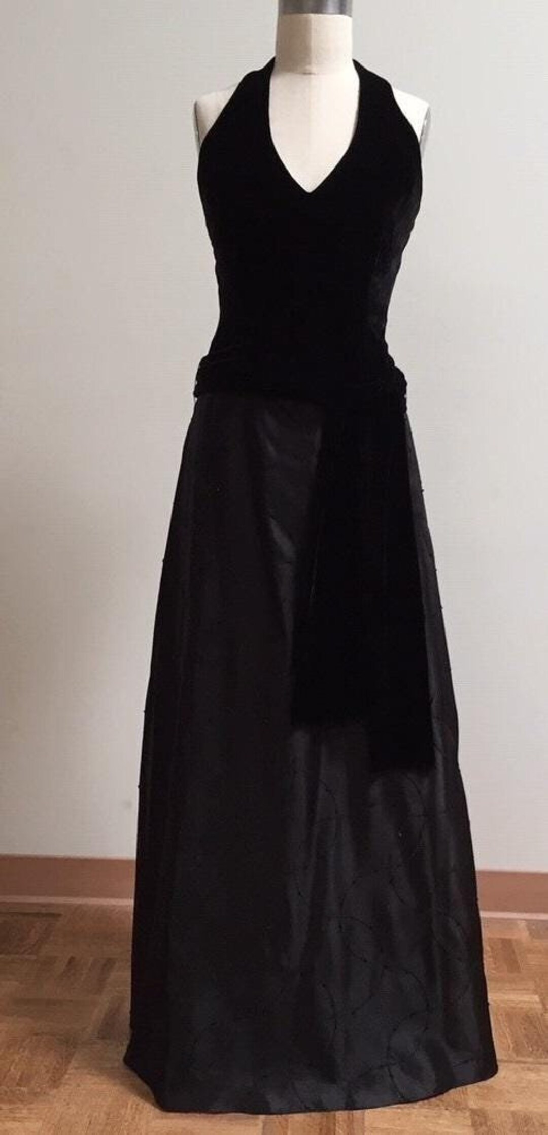 Black Floral Embellished Strappy Back Gown