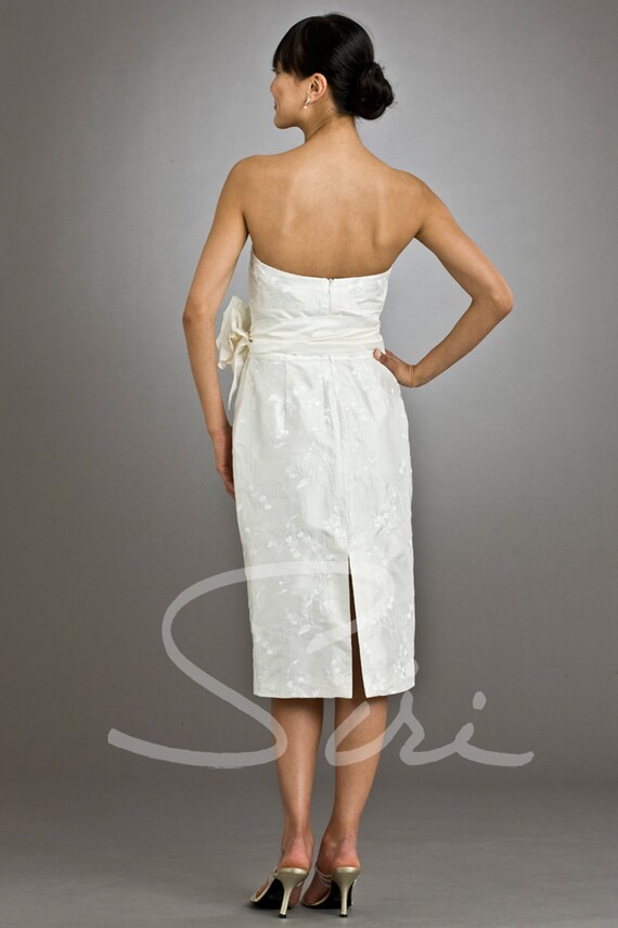 Strapless White Tea Length Dress; Embroidered Silk Shantung; Size