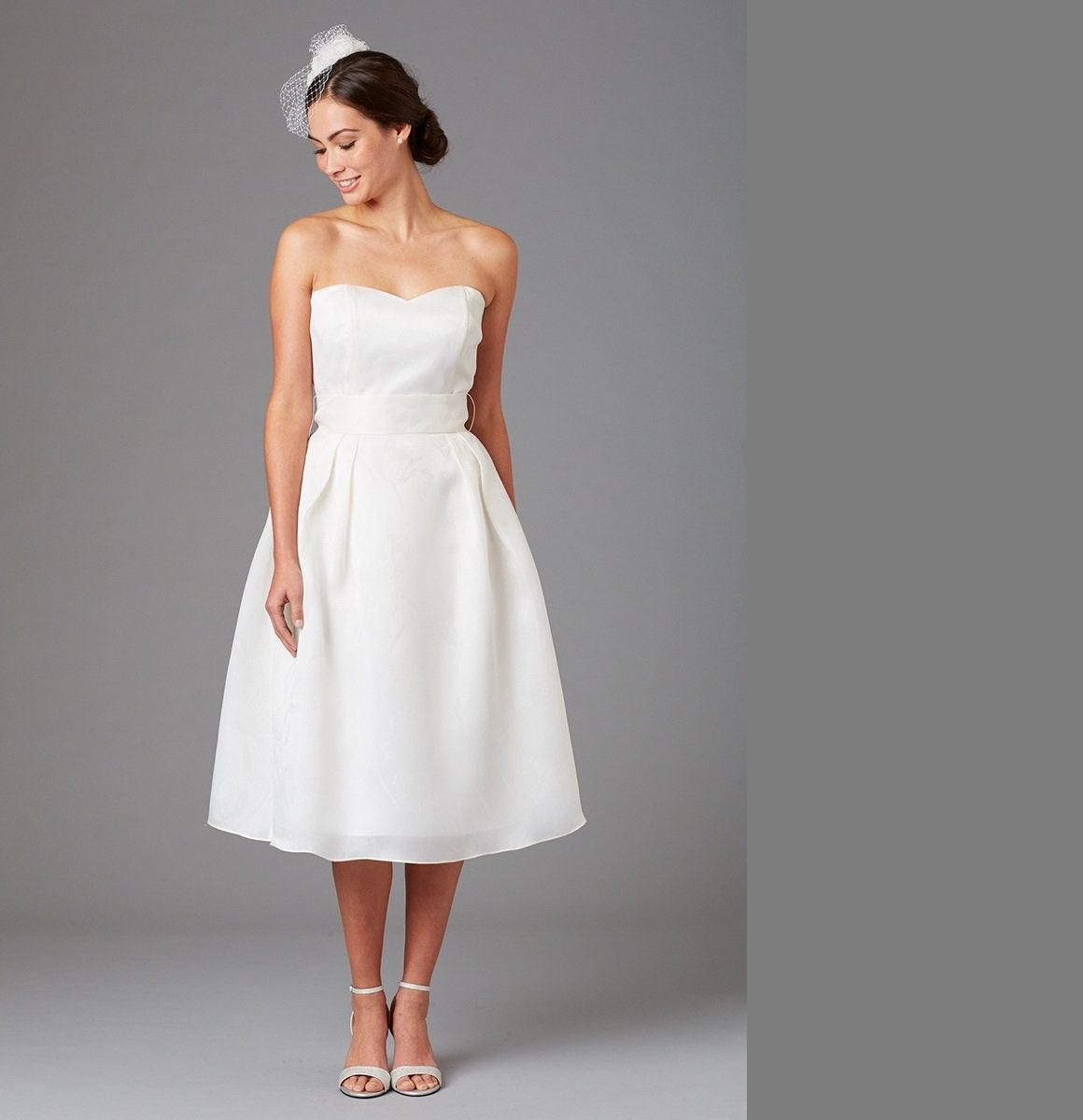 Tea Length Bridal Dress White Strapless Full Skirt Silk - Etsy