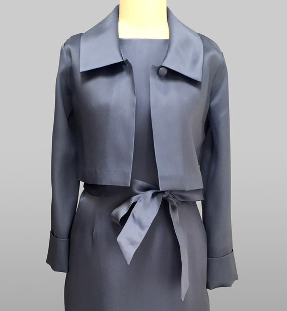 Blue silk column gown with jacket, silk organza, … - image 1