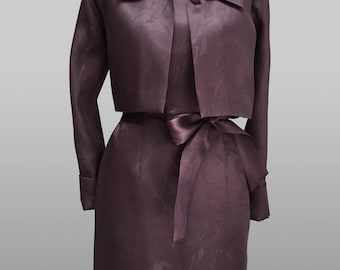 Dark purple dress with jacket, classic dress, plum dress for wedding, aubergine dress, Italian silk damask organza with tulip pattern