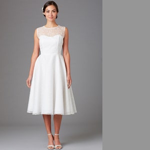 Tea length bridal dress, sheer silk, embroidered silk, full skirt, white, illusion neckline, size 6 and 10