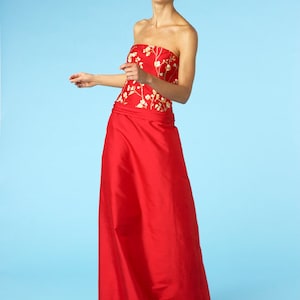 red gown with embroidery, floral red A-line gown, strapless summer gown, silk shantung, size 4