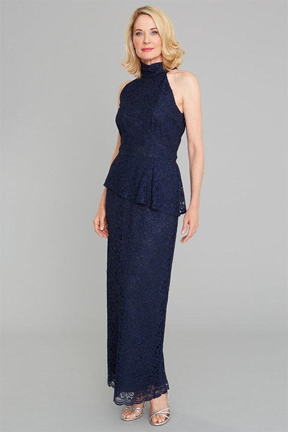 navy lace fitted dress Navy Lace Maxi Dress with Criss Cross Tie Back main image 0