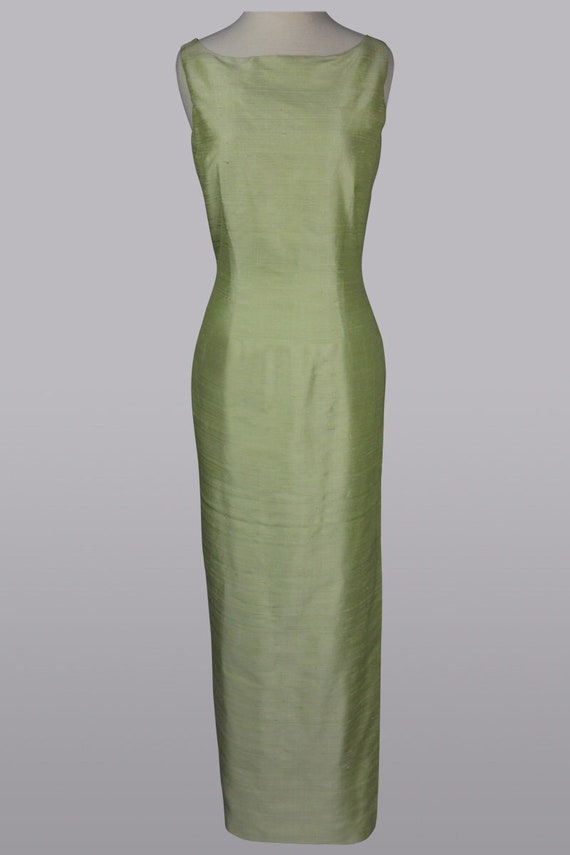 Spring green column sheath gown, silk duppioni, ce