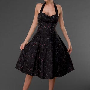 Vintage Halter Dress, black floral halter dress, black sundress, retro silk dress, black floral dress, embroidered black dress