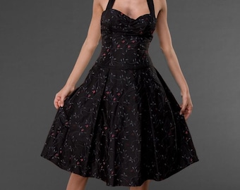 Vintage Halter Dress, black floral halter dress, black sundress, retro silk dress, black floral dress, embroidered black dress