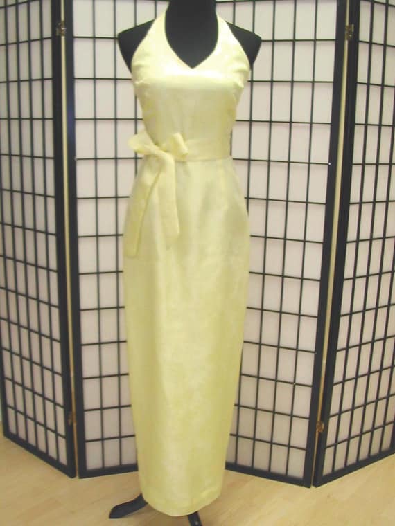 Yellow halter gown, yellow floral gown, silk gown, yellow bridesmaid gown,