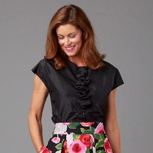 black silk blouse, short sleeve blouse, evening blouse, size 12