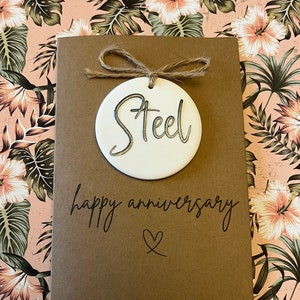 Steel - 11 - Steel Anniversary - 11 Years Together -A6 Blank Card -Handmade Clay Removable Keepsake -Personalised - For Him - For Her - Gift