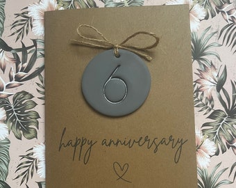 6 - Years Together - Iron - Happy Anniversary - A6 Blank Card - Handmade Clay Removable Keepsake - Personalised - For Him - For Her - Gift