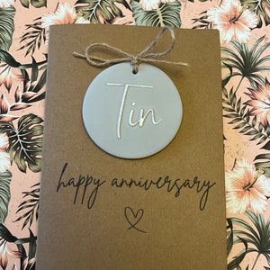 Tin - 10 - Tin Anniversary - 10 Years Together - A6 Blank Card - Handmade Clay Removable Keepsake - Personalised - For Him - For Her - Gift