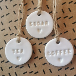 Set of 3 - Small ROUND Tea, Coffee & Sugar Tags - for Jars - Kilner - Kitchen - Label - Storage - Ceramic - Canister - Mrs Hinch - Organised