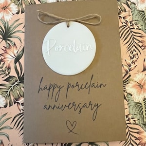Porcelain - 18 - Anniversary - 18 Years Together - A6 Blank Card - Handmade Clay Removable Keepsake- Personalised - For Him - For Her - Gift