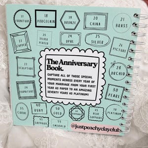 May include: A light mint green spiral-bound anniversary book with black text and illustrations. The cover features a central box titled The Anniversary Book, surrounded by various shapes containing anniversary years and themes from 17 to 70.