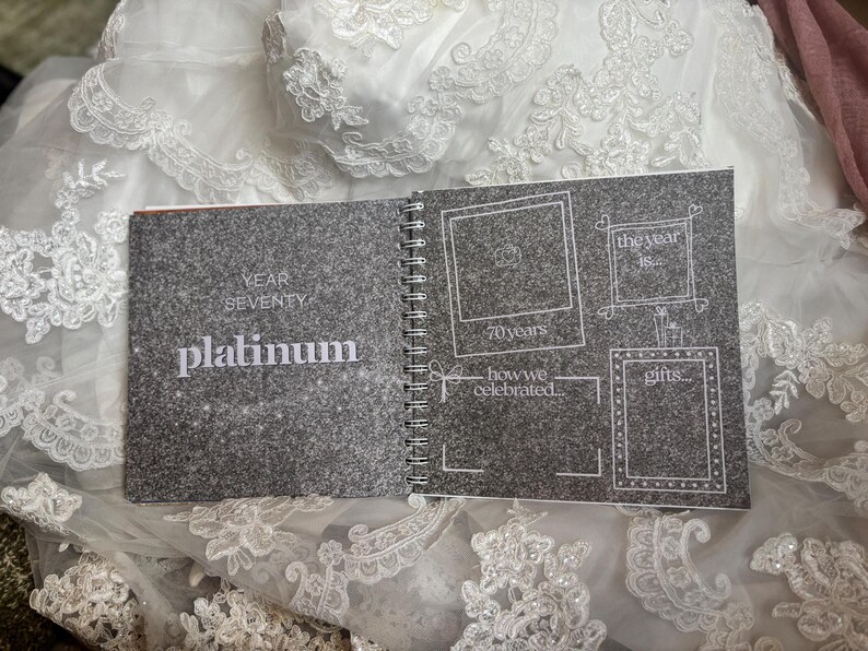 May include: A spiral-bound memory book with a dark grey glitter cover featuring the text YEAR SEVENTY platinum. The interior page has white line-drawn frames and text including 70 years, the year is, how we celebrated, and gifts, all on a dark grey background.