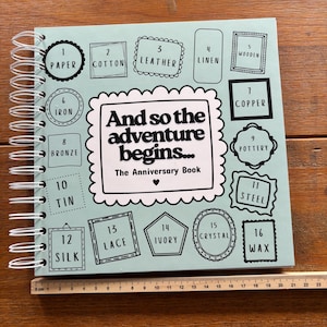 May include: A light blue spiral-bound anniversary book with the text "And so the adventure begins... The Anniversary Book" and sixteen numbered frames listing materials from paper to wax, placed next to a ruler measuring 23 centimetres in length.