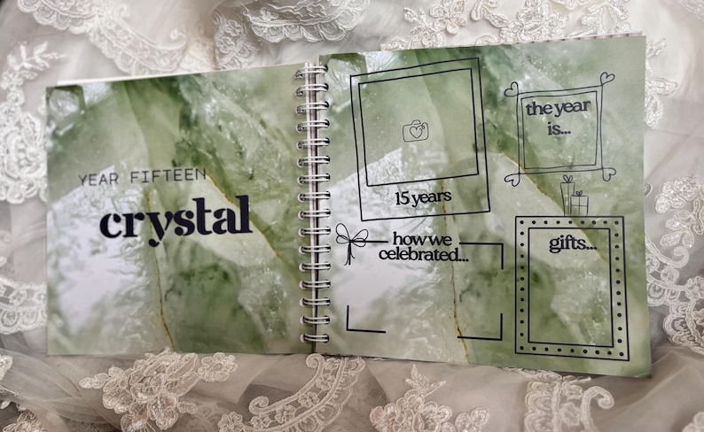 May include: A spiral-bound anniversary scrapbook page with a green crystal pattern background. The text reads YEAR FIFTEEN crystal, 15 years, the year is, how we celebrated, and gifts. It includes black line-drawn frames for photos and notes.