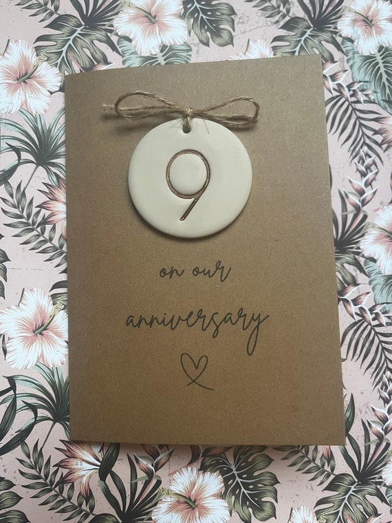 Polymer Clay - 9 -Years Together -Pottery -Happy Anniversary -A6 Blank Card -Handmade Removable Keepsake -Personalised -For Him or Her -Gift