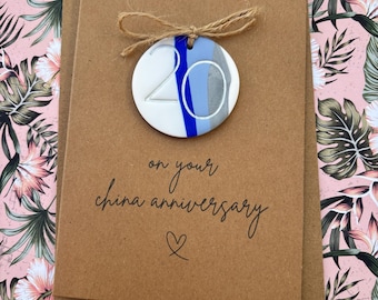 Polymer Clay -20 -Years Together -China -Happy Anniversary -A6 Blank Card - Handmade Removable Keepsake -Personalised - For Him or Her -Gift