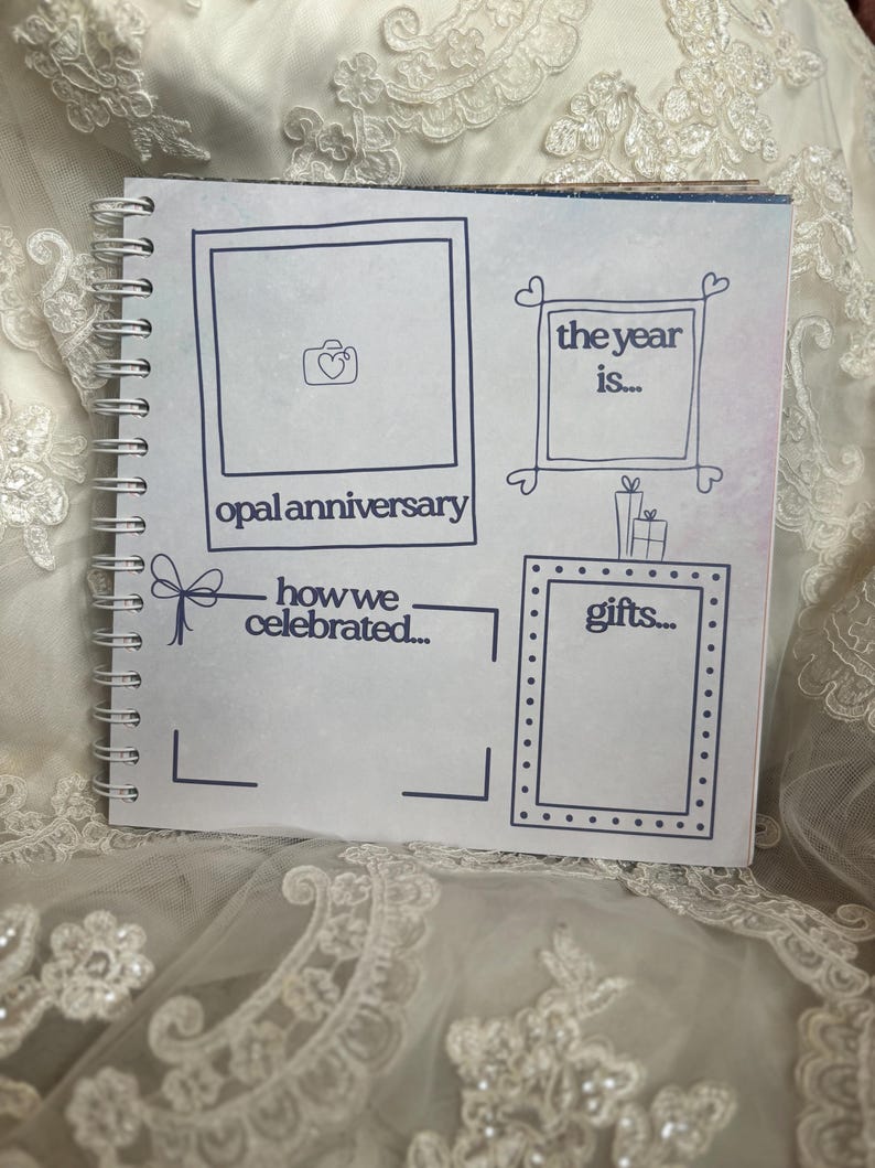 May include: A square spiral-bound scrapbook page with dark blue line art. It features a photo frame with a camera icon labelled opal anniversary, a box labelled the year is, a section labelled how we celebrated, and a box labelled gifts.