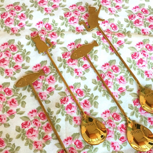 Set of 4 - Cat & Fish Teaspoons for Tea - gold plated spoon - dessert spoon - jam spoon