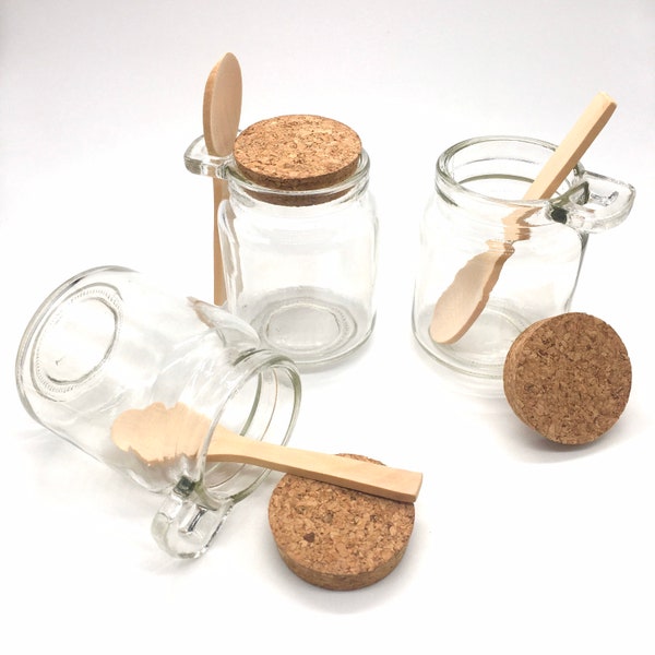 Set of 2 jars - Glass Jar with Cork Lid & Wooden Spoon - Spice Jar - Bath Salt Jar