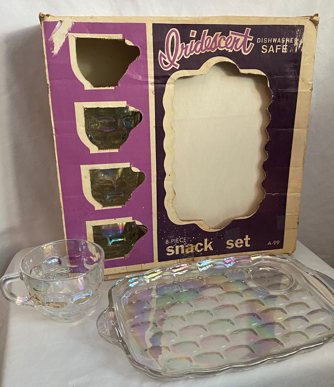 Vtg Federal Glass Iridescent Glass Snack Set in Box Plus a 2 Etsy