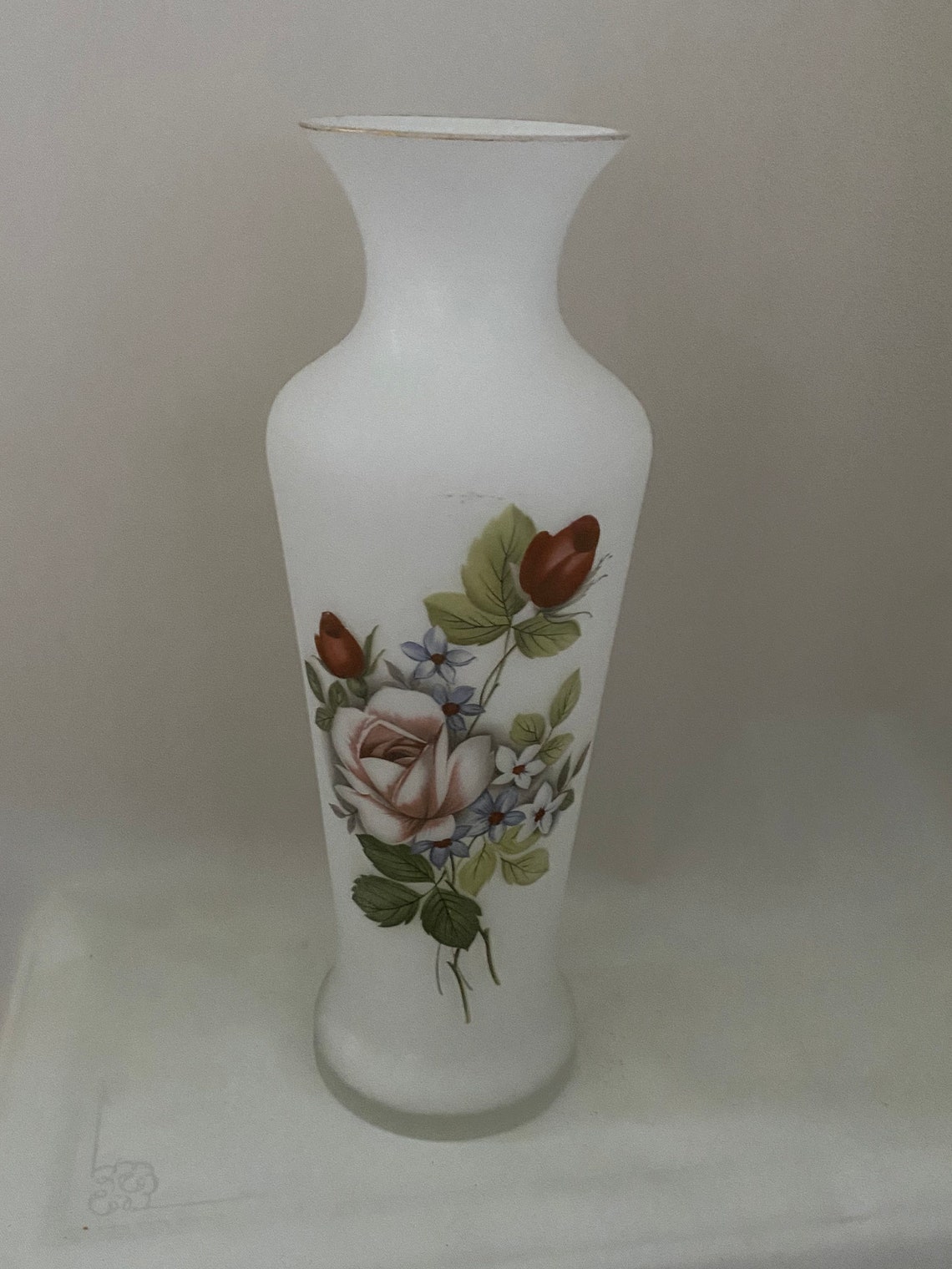 Vintage white frosted glass art vase sweet rose Etsy