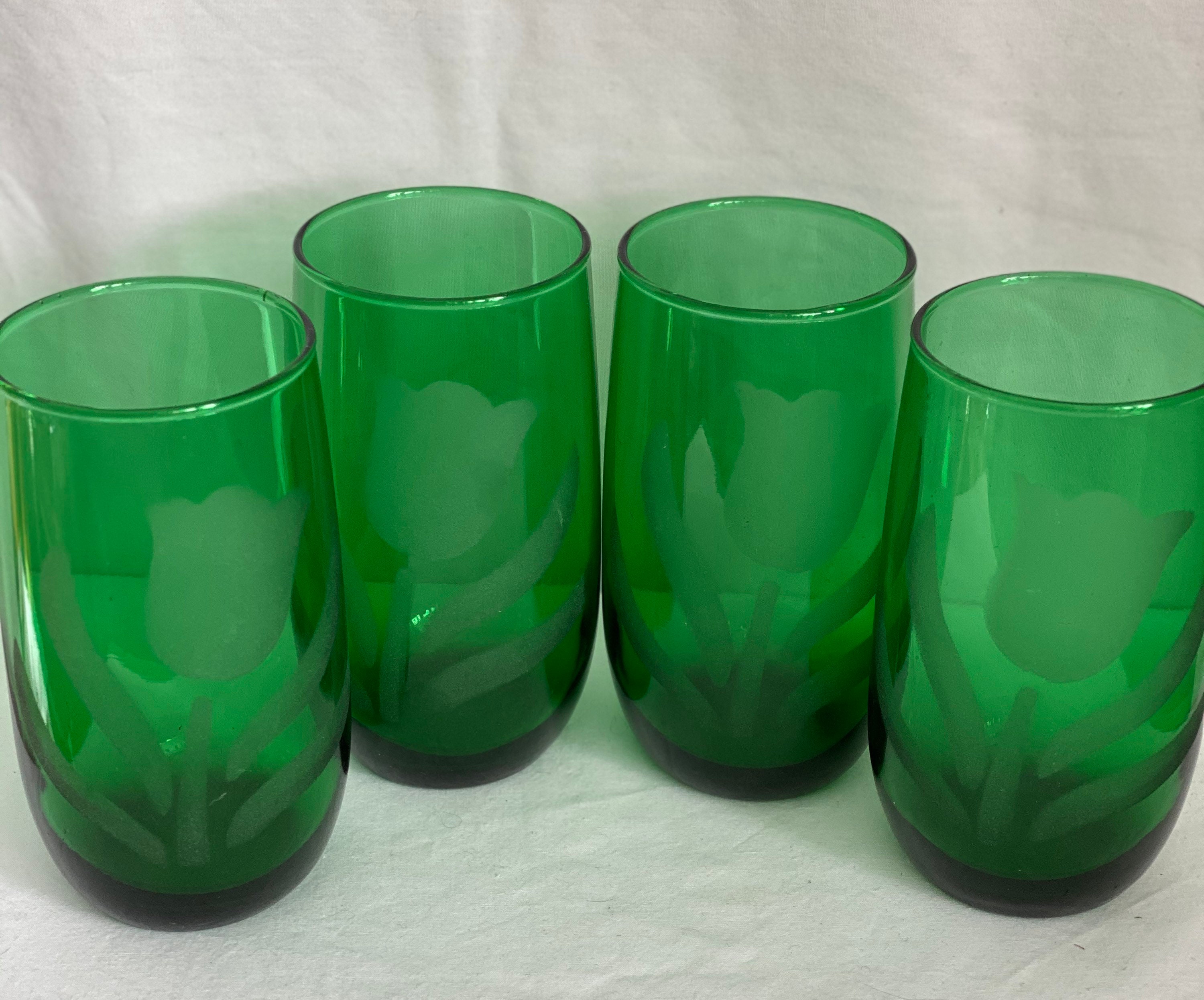 Vtg Frosted Tulip Emerald Green Drinking Glasses Etsy