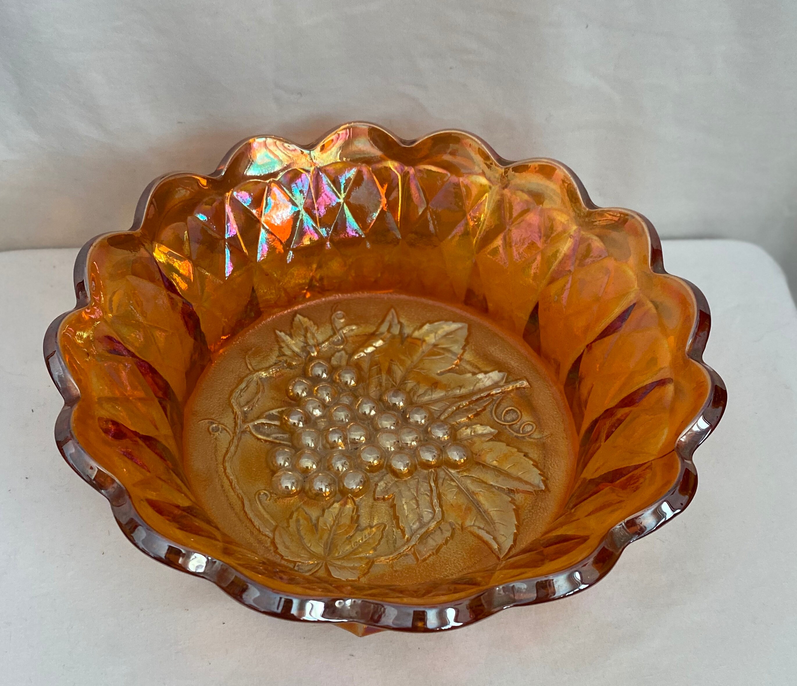 Vintage Marigold Carnival Glass Grape Pattern Heavy Iridescent Etsy