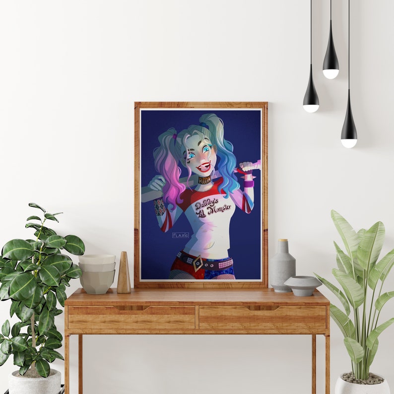 Kunstdruck, verrückte Harley, Wandkunst, Portrait Zeichnung, Bösewicht Kunst, Galerie Bild, Comic Zeichnung, Wand Dekoration, Clown Mädchen Bild 3