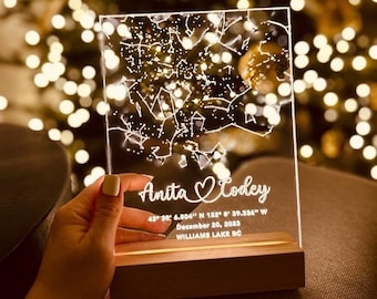 Carte des étoiles personnalisée, éclairage LED par date | Ciel nocturne par date | Cadeau de fiançailles | Cadeau pour un couple | Cadeau de mariage