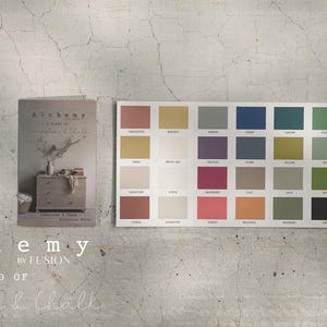 May include: An image featuring a color palette and a book titled "Alchemy" by Fusion. The palette displays a variety of paint colors in square swatches. The book cover shows a dresser with decor. The text "A Blend of Limestone & Chalk" is also visible.