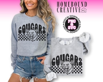 Checkered Cougars SVG: design della maglietta della mascotte Cougar Team Spirit per il giorno della partita (download digitale)