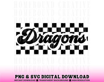 Geruite draken mascotte SVG png: retro drakenteam shirtontwerp (digitale download)