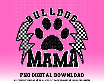 Lightning Bulldog Mama Checkered Retro PNG: Design per maglietta Paw Mom in difficoltà (download digitale)