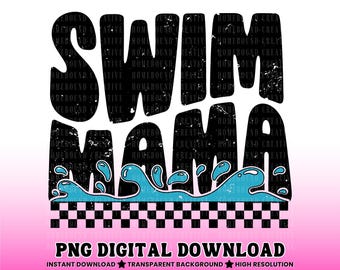 Checkered Swim Mama PNG: Retro Wavy Font Splash Mom Design (Digital Download)