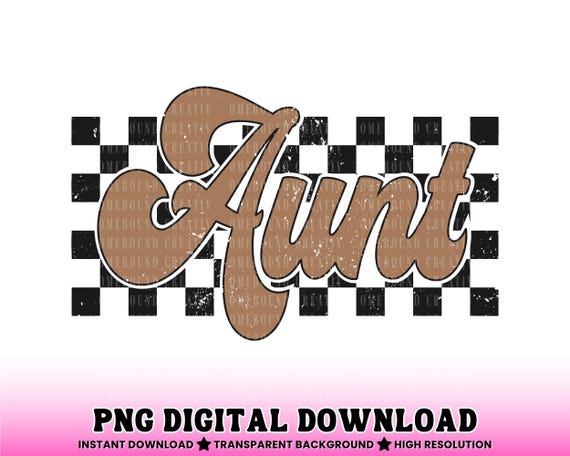 Retro Checkered Aunt PNG: Distressed Brown Design (digital