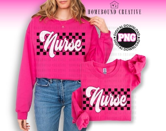 Retro karierte Krankenschwester PNG: Strukturiertes Pflege-T-Shirt Design (Digitaler Download)