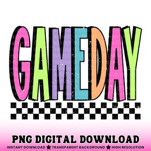 ネオンチェック柄のゲームデーPNG：レトロでカラフルなスポーツママデザイン（デジタルダウンロード） 画像 1