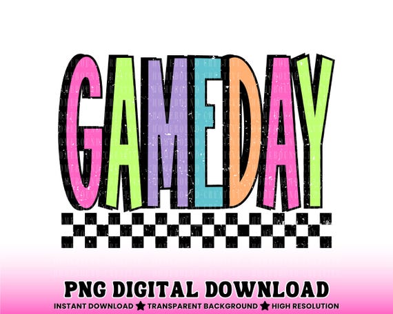 Neon Checkered Game Day PNG: Retro Colorful Sports Mom Design (Digital Download)