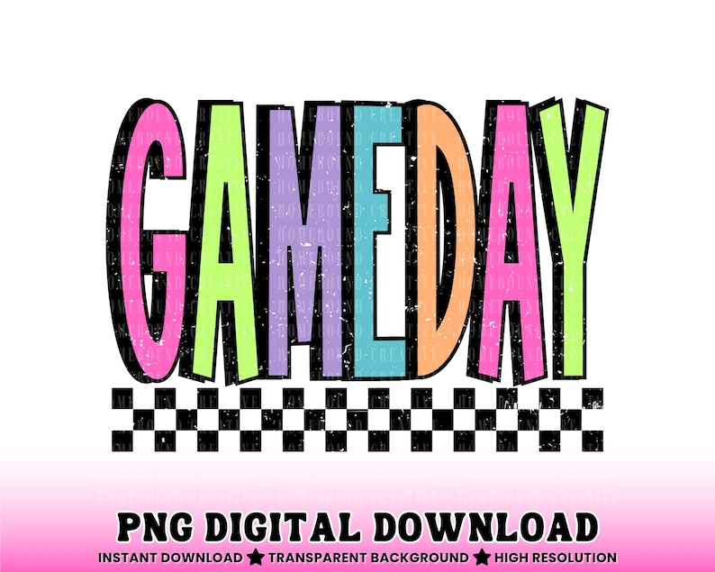 ネオンチェック柄のゲームデーPNG：レトロでカラフルなスポーツママデザイン（デジタルダウンロード） 画像 1