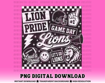 Lion Game Day Collage PNG: Checkered Lions Football Shirt Design (Digital Download)