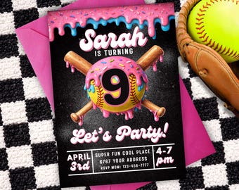 Modello di invito di compleanno con gelato softball, invito modificabile per festa sportiva per ragazze, download digitale