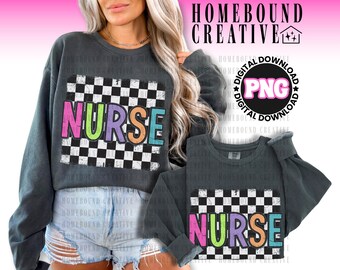 Checkered Nurse PNG: Retro Neon Nursing Shirt Design (Digital Download)