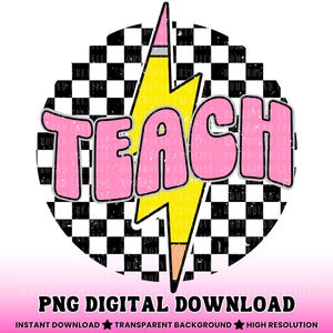 Retro Checkered Teach PNG: Lightning Bolt Pencil Teacher Shirt Design (Digital Download)