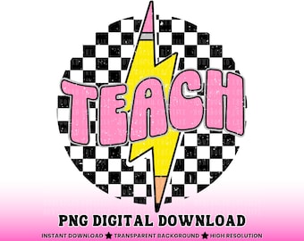 Retro kariert Teach PNG: Blitz Bleistift Lehrer Shirt Design (Digitaler Download)